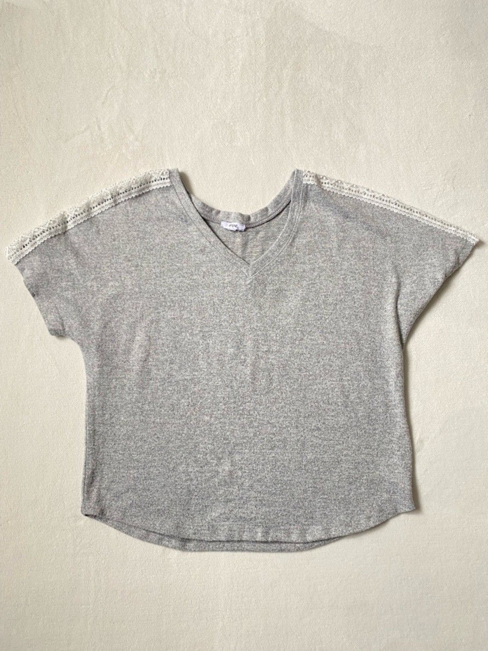 Ardene Gray Short Sleeve V-Neck Top with Lace Trim